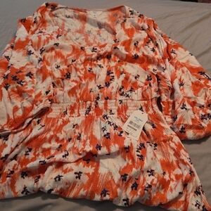 Time and Tru Orange/Coral and White Ruffled 3/4 Sleeve Long Dress